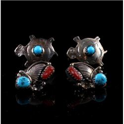Navajo Turquoise Coral and Sterling Earrings