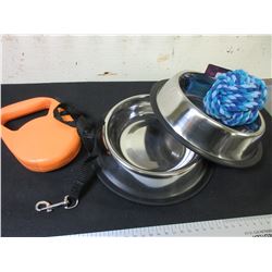 New Pet Bundle / 2 stainless Bowls retractable leash and braided ball for