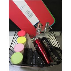 Dish Rack Full of other Kitchen Items / cutting mats/ Knives / soap disp.ect.