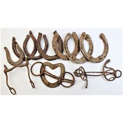 Collection of relic horse shoes and bits.