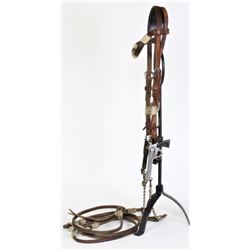 Leather bridle with unmarked pistol bit and reins.