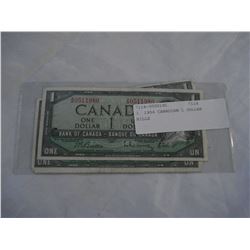 3 1954 CANADIAN 1 DOLLAR BILLS