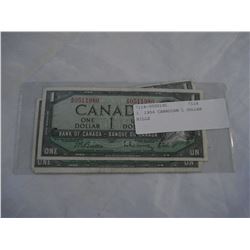 3 1954 CANADIAN 1 DOLLAR BILLS