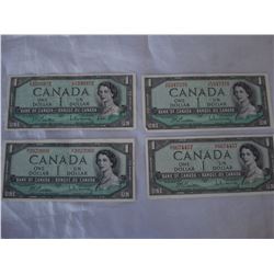 4 1954 CANADIAN $1 BILLS