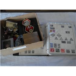 BOX OF JEWELLRY POCKET WATCHES SPOONS AND STAMP BOOK