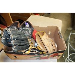 LOT OF BASEBALL GLOVES AND HIKING BOOTS