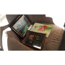 TWO OIL PAINTINGS AND REVERSE ROSE PAINTING IN FRAMES