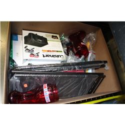 BOX AND CRATE OF FOG LIGHTS, SALT ROCK LAMPS, ESTATE GOODS, AND ELECTRONICS