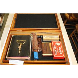 WOOD CASE W/ KNIVES, CIGARETTE CASE, AND COLLECTIBLES