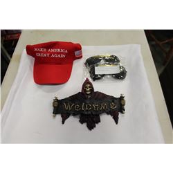 TRUMP HAT, 2 HARLEY GLASSES, AND HALLOWEEN DECOR