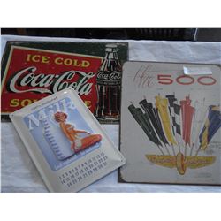 3 TIN SIGNS - MILK, COCA-COLA, AND INDIANNAPOLIS