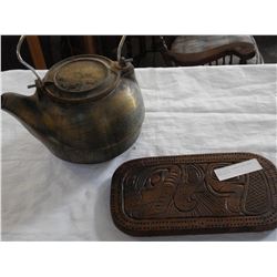 HAND CARVED CRIBOARD AND CAST IRON KETTLE