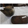 Image 1 : HAND CARVED CRIBOARD AND CAST IRON KETTLE