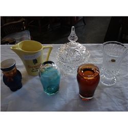 CRYSTAL CANDY DISH WADE PITCHER AND VASES ETC