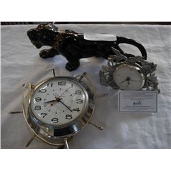 BLACK PANTHER FIGURE, INGRAHAM CLOCK, AND PEWTER CLOCK