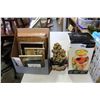 Image 1 : OIL CANDLE VASES, SMALL FOUNTAIN, AND BOX OF PICTURES