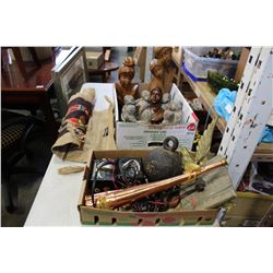 2 TRAYS OF TRAIN TRANSFORMER BRASS AND WOODEN COLLECTIBLES
