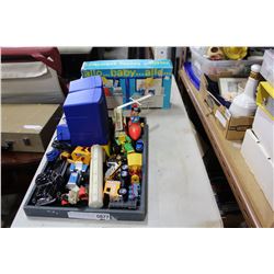 TRAY OF DIECAST VEHICLES, NEW TOYS, AND ALLO BABY TELEPHONE