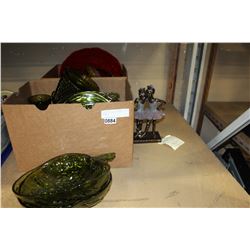 2 BOXES OF GREEN AND AMBER GLASSWARE