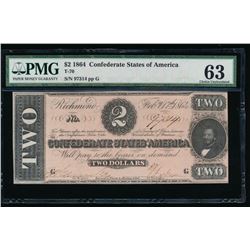 1864 $2 Confederate States of America Note PMG 63