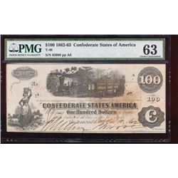 1862-63 $100 Confederate States of America Note PMG 63