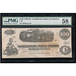 1862-63 $100 Confederate States of America Note PMG 58