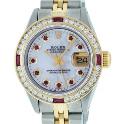 Rolex Ladies 2 Tone 14K MOP Ruby & Diamond Datejust Wristwatch