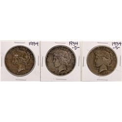 Lot of 1934, 1934-D, & 1934-S $1 Peace Silver Dollar Coins