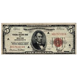 1929 $5 Boston MA Federal Resere Bank Note