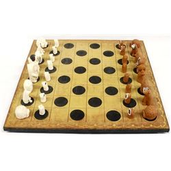 Leather Chess Board w/ Canadian Inuit Clay Pieces