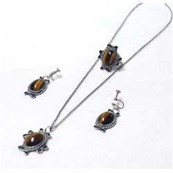 Navajo Silver Tiger Eye Necklace, Ring, Earrings