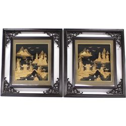 2 Framed Chinese Carved Cork Landscape Pictures