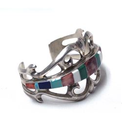 Stunning Navajo Sterling Sand Cast Inlay Bracelet