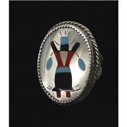 Large Zuni Sterling Inlay Crown Dancer Ring, 6.75
