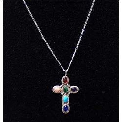 Navajo Sterling Multi-Stone Cross Pendant Necklace