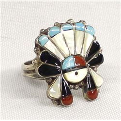 Zuni Sterling Inlay Sunface Ring, Size 10