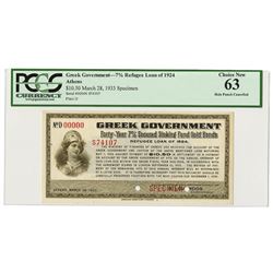 Greek Government, 7% Refugee Loan of 1924 (1932) Specimen Interest Coupon or Warrant.