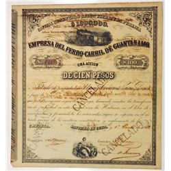 Empresa Del Ferro-Carril De Guantanamo 1882 Cancelled Stock Certificate