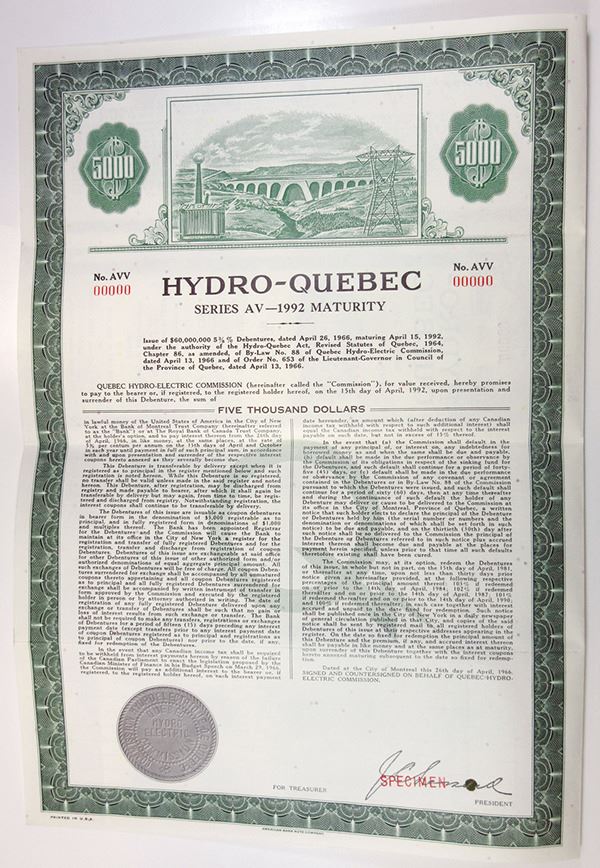 Hydro Quebec 1966 Specimen Bond