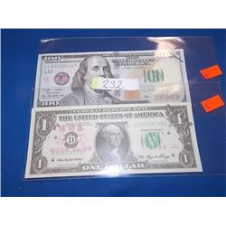 BILLS - 2 TTL - $100 USA & $1 USA - NOT LEGAL TENDAR