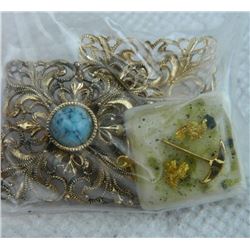 ASSORTED JEWELRY - 2 BROTHES (TOURQUOISE CENTER) & PENDANT - INSET GOLD PICK AXE