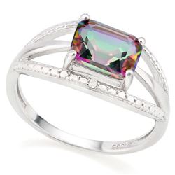 *RING - 1 1/3 CARAT MYSTIC GEMSTONE & GENUINE DIAMONDS IN 925 STERLING SILVER OPEN DESIGNED SETTING 