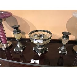 DECORATIVE GLASS BOWL AND CANDLE HOLDERS