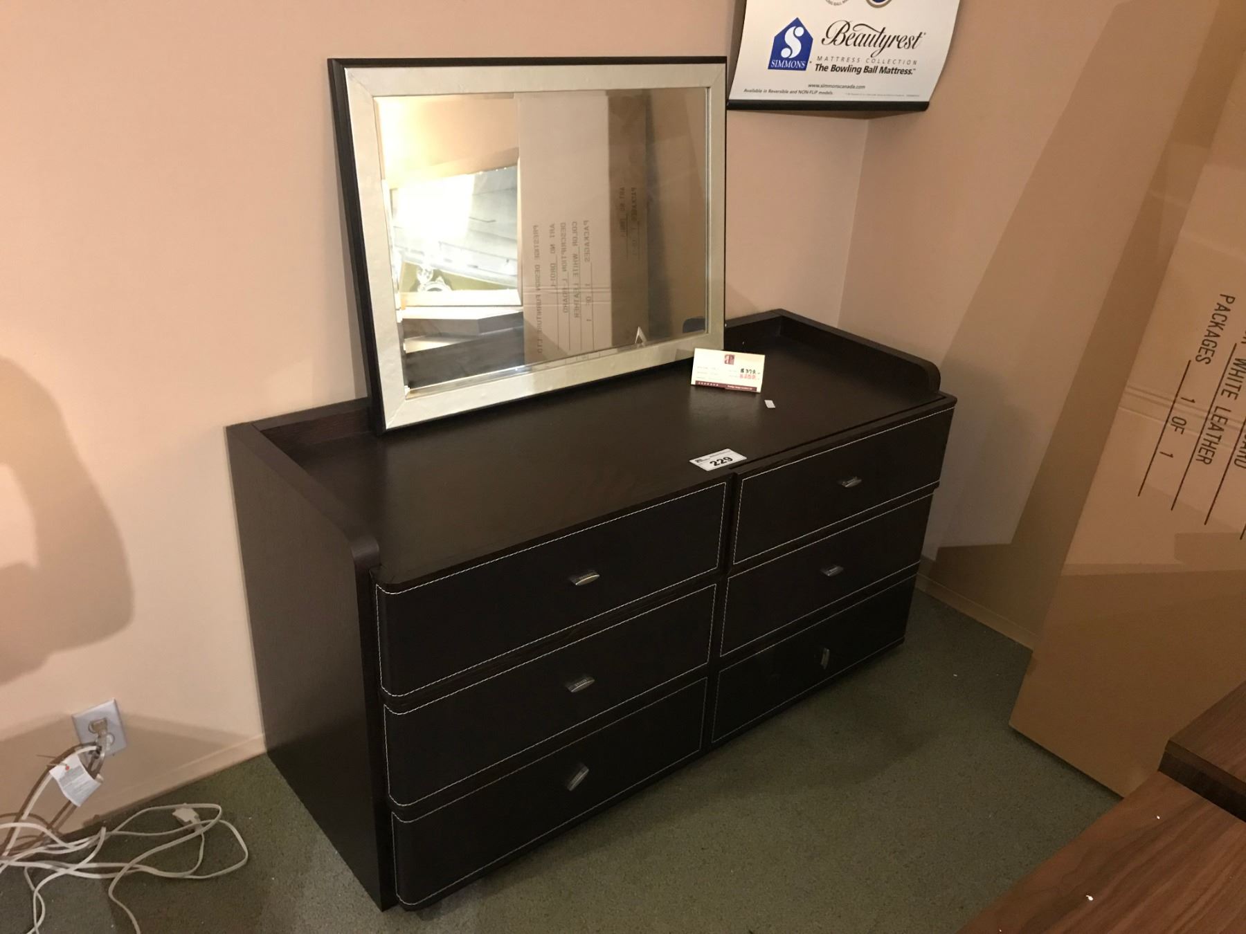 Dark Wood And Black Leather 6 Drawer Dresser With Mirror