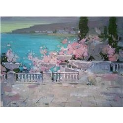 ORIGINAL OIL PAINTING Plein Air Evening Seascape Rosy blooming Spring sunset