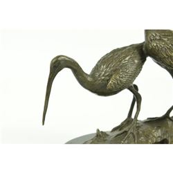 Original Signed two Wildlife Crane Cranes Pond Garden Bronze Sculpture Statue