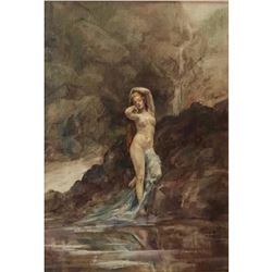 Forest Nymph, mid 1800's framed oil painting of a nude nymph in the forest. Alegorical