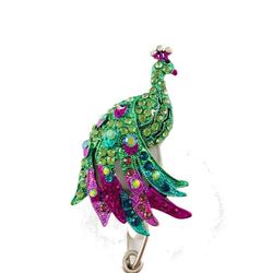 Brightly Jeweled Peacock Badge Reel