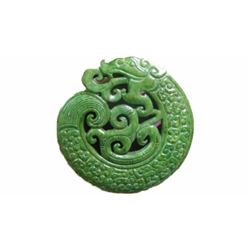 Chinese old handwork carve green jade dragon pendant statuary