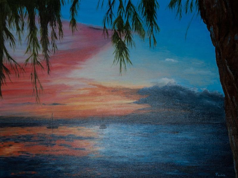 Pann Palm Trees At Sunset Acrylic Painting